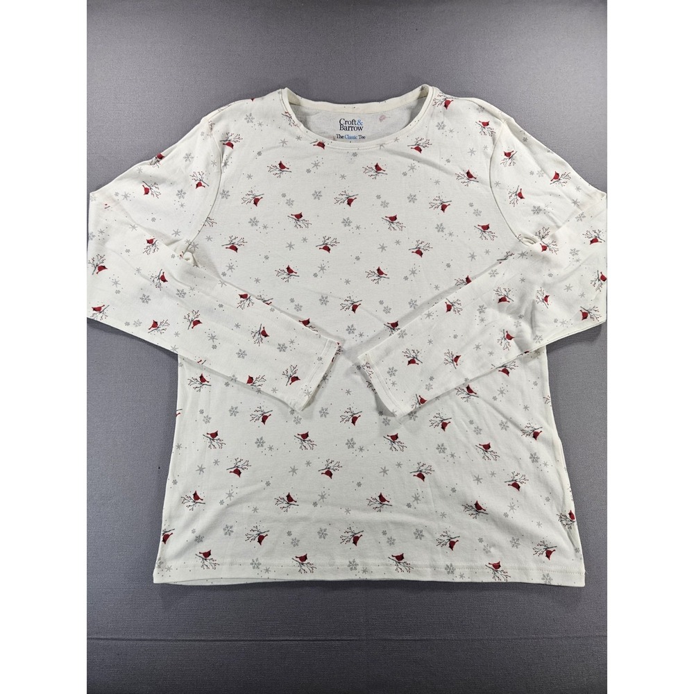 Croft Barrow Cardinal Bird Snowflake Long Sleeve Shirt Women Large Cream Holiday